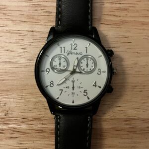 Casual Black and Silver Leather Quartz Watch